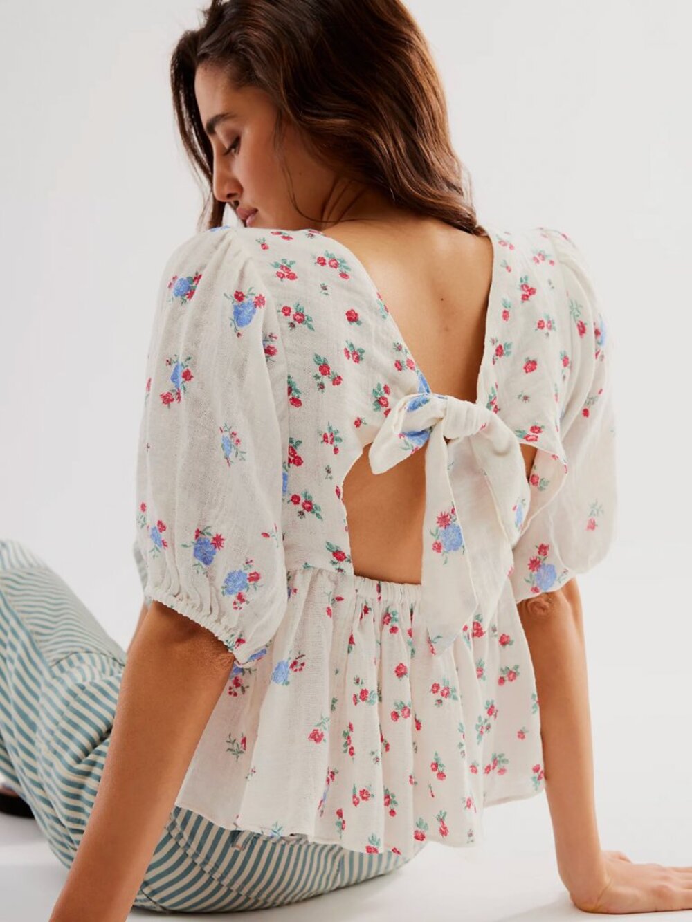 Free People Tops | Free People Chloe Printed Top In Indigo Combo Open Back